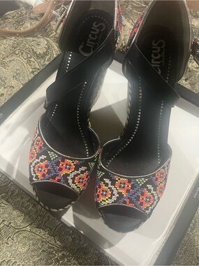 Circus by Sam Edelman Black Espadrille Wedges with Multicolor Embroidery